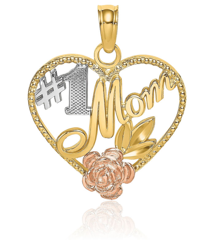 14K Solid Two Tone Gold White Best Mom Heart Necklace Mama Charm Mother Pendant