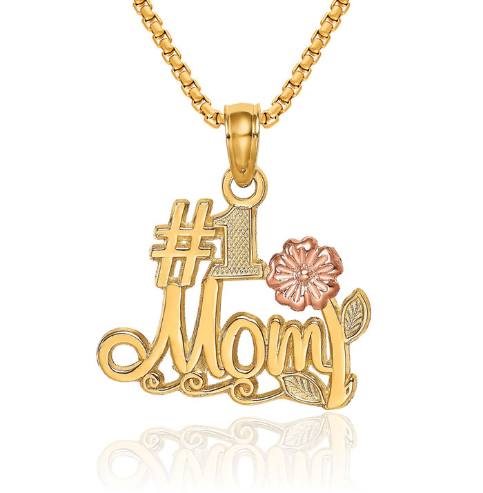 14K Solid Two Tone Gold Best Mom Rose Flower Necklace Mama Charm Mother Pendant