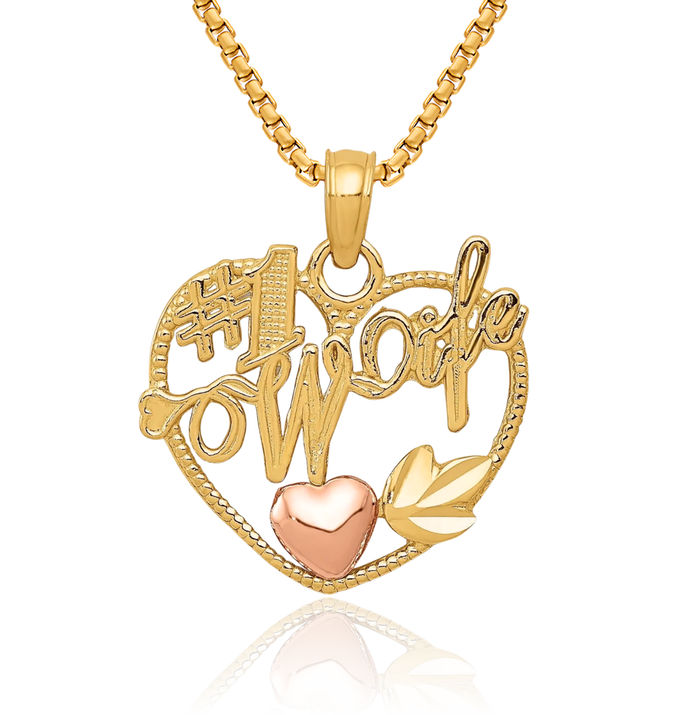 14K Solid Two Tone Gold Best Wife Heart Necklace Chain Pendant Charm