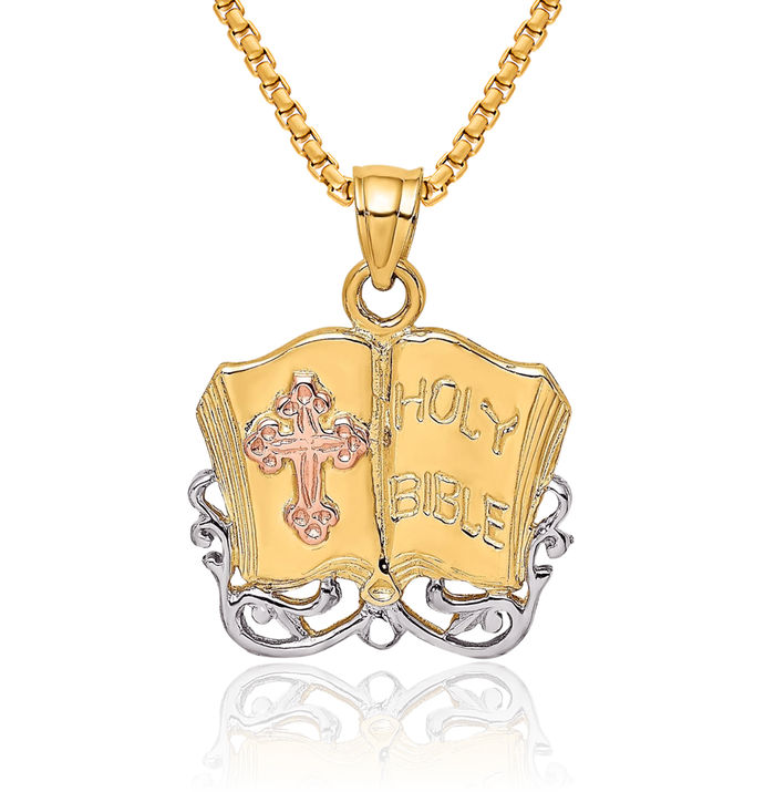 14K Solid Two Tone Gold White Holy Bible Cross Necklace Religious Chain Pendant Jesus Christ Charm