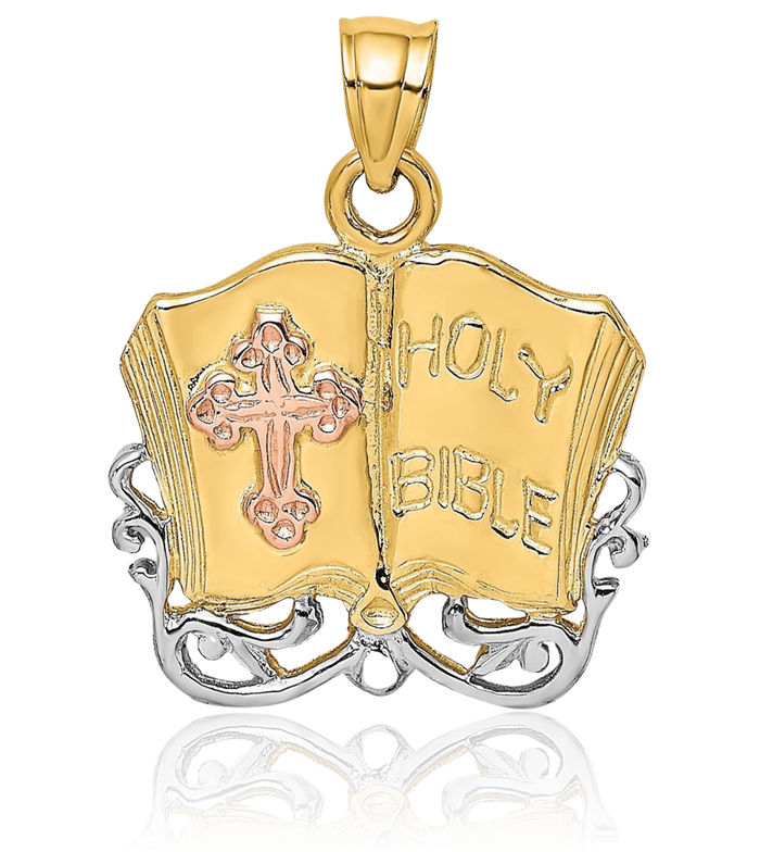 14K Solid Two Tone Gold White Holy Bible Cross Necklace Religious Chain Pendant Jesus Christ Charm