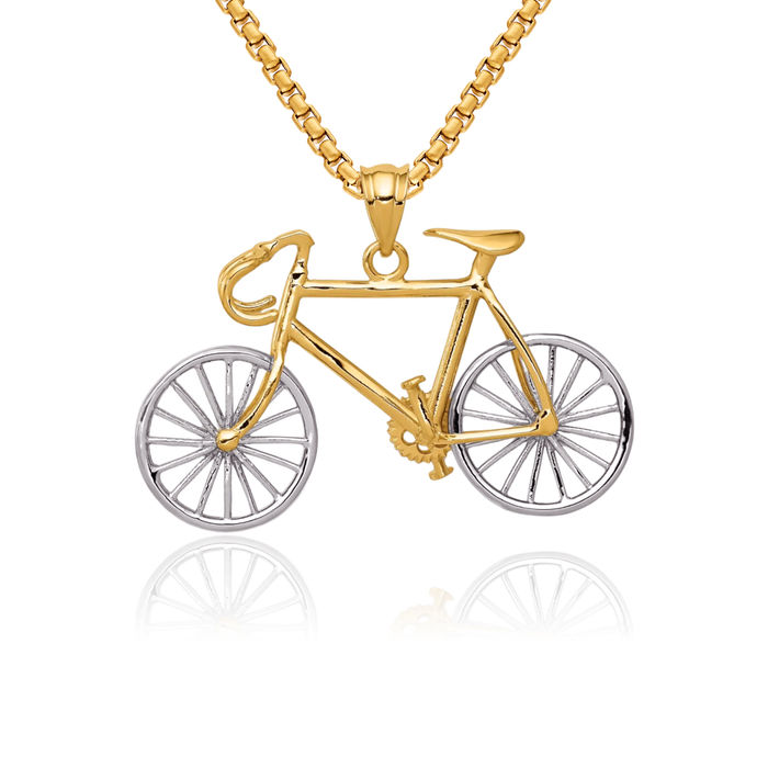 14K Solid Two Tone Gold Bicycle Bike Necklace Chain Pendant Charm