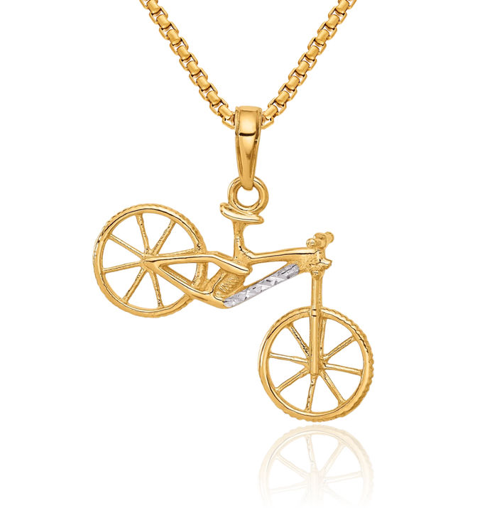 14K Solid Two Tone Yellow White Gold Bicycle Bike Necklace Chain Pendant Charm