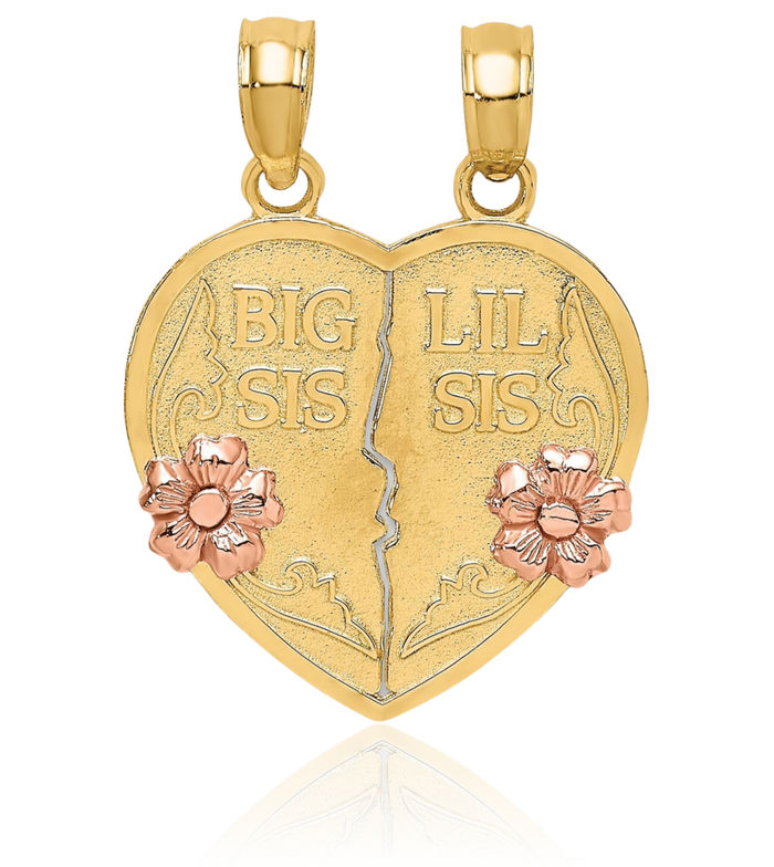 14K Solid Two Tone Gold Big Sis Lil Break-apart Heart Necklace Love Pendant Charm