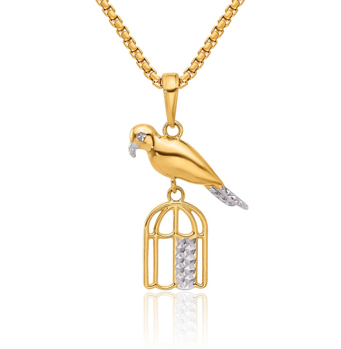 14K Solid Two Tone Yellow White Gold Bird Cage Necklace Chain Pendant Charm