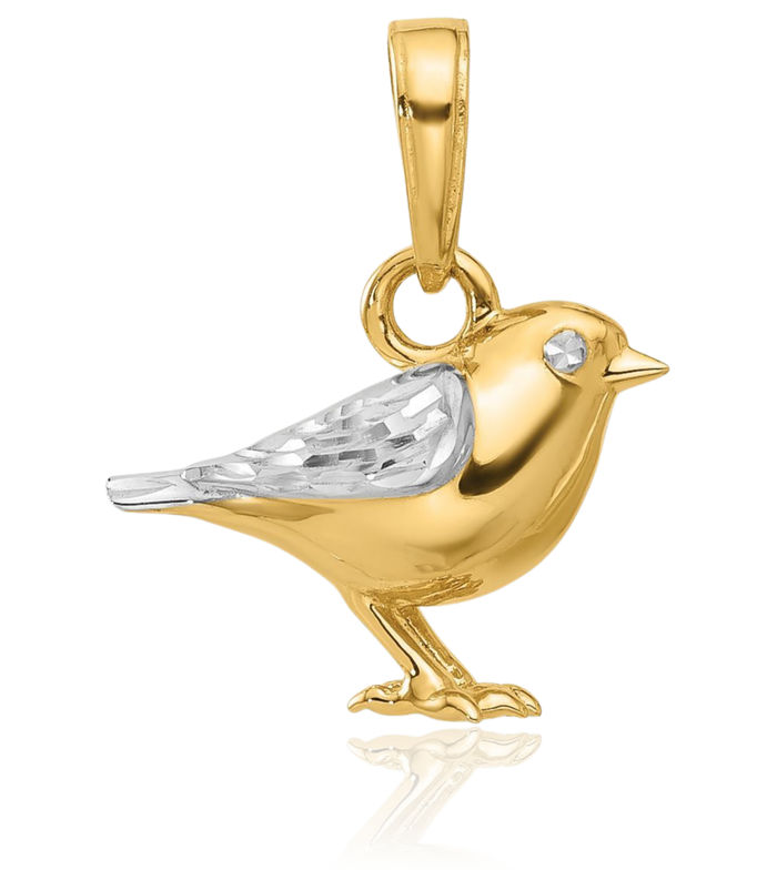 14K Solid Two Tone Yellow White Gold Bird Necklace Chain Pendant Charm