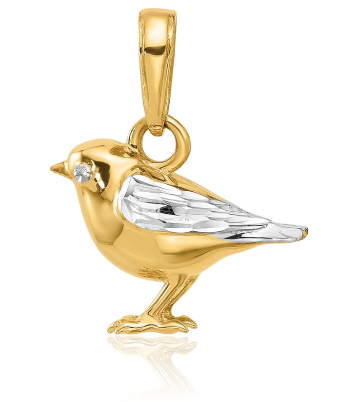 14K Solid Two Tone Yellow White Gold Bird Necklace Chain Pendant Charm