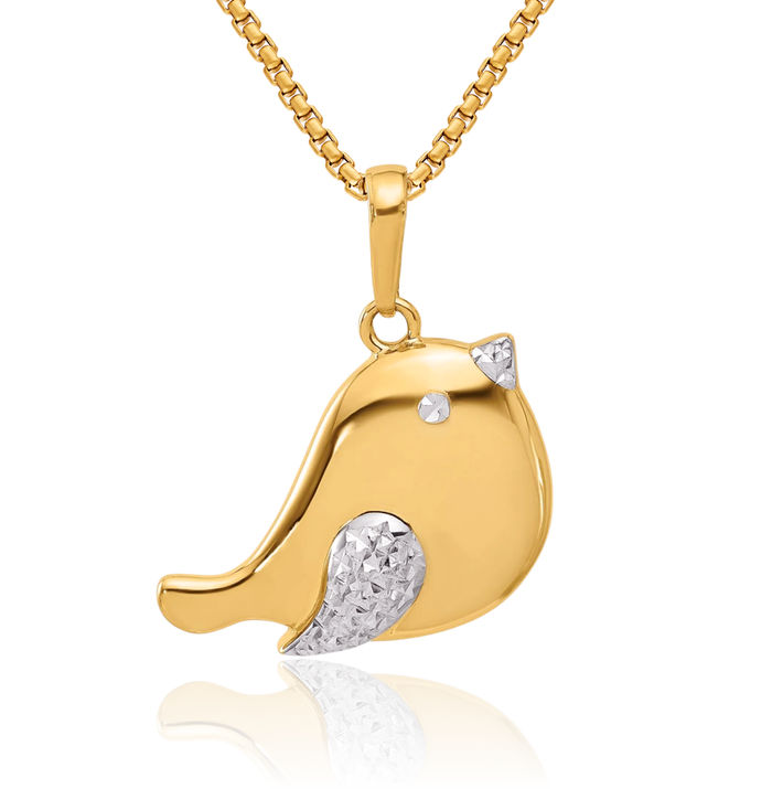 14K Solid Two Tone Yellow White Gold Bird Necklace Chain Pendant Charm