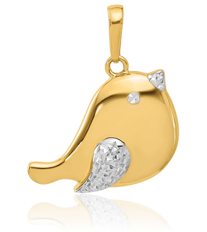 14K Solid Two Tone Yellow White Gold Bird Necklace Chain Pendant Charm