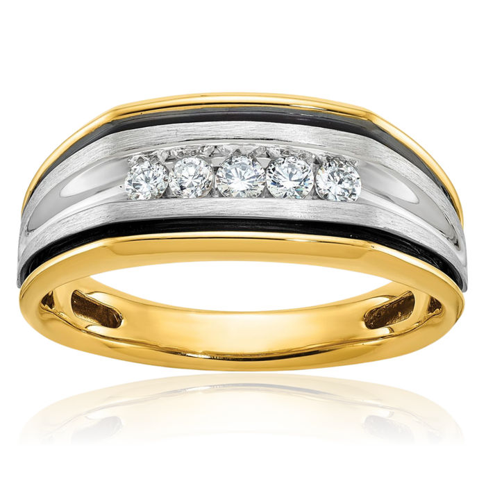 14K Solid Two Tone Gold Black Mens 5 Stone Diamond Wedding Band Statement Ring