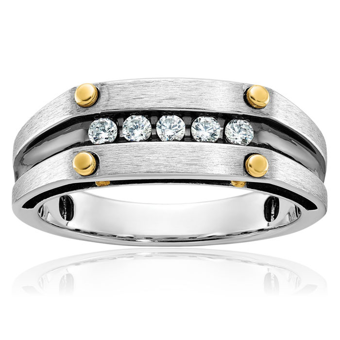 14K Solid Two Tone Gold Black Mens 5 Stone Diamond Wedding Band Statement Ring