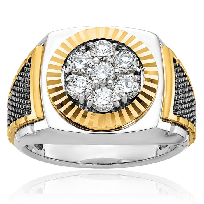 14K Solid Two Tone Gold Black Mens Diamond Round Statement Ring