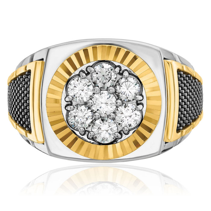 14K Solid Two Tone Gold Black Mens Diamond Round Statement Ring