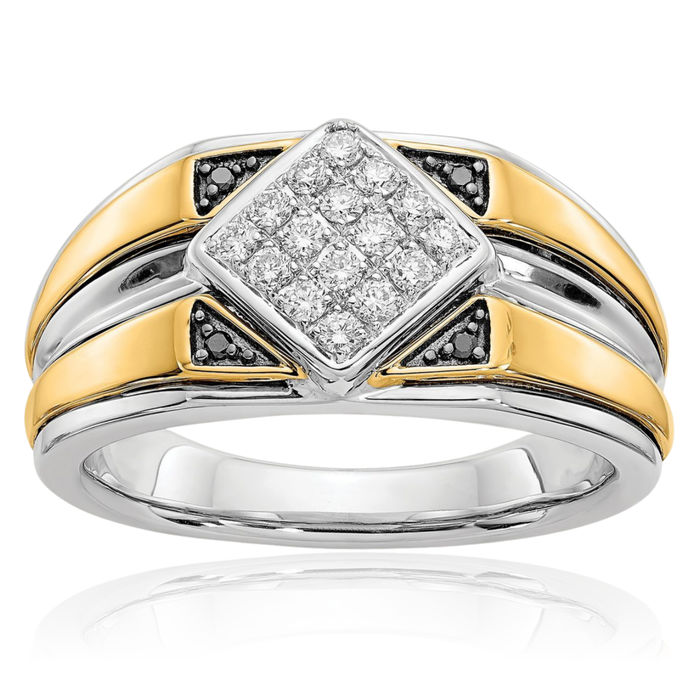 14K Solid Two Tone Gold Black White Diamond Mens Ring