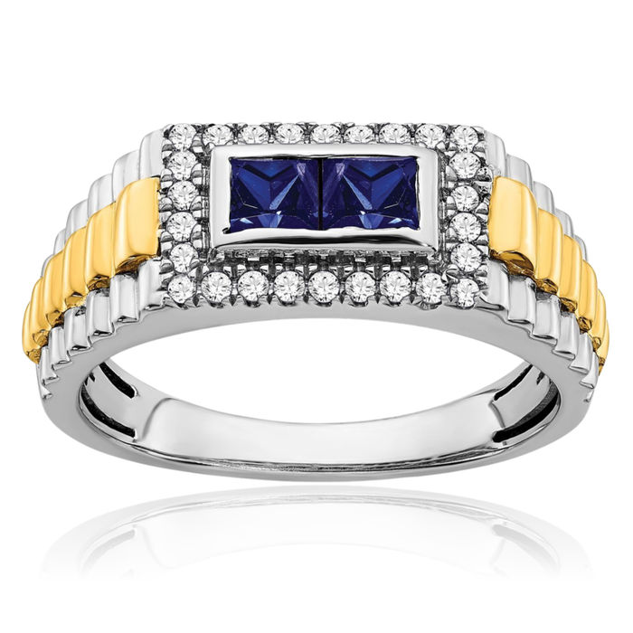 14K Solid Two Tone Gold Blue Sapphire Diamond Mens Ring Gemstone Band