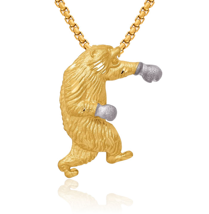 14K Solid Two Tone Yellow White Gold Boxing Bear Floating Chain Slide Pendant Necklace Charm