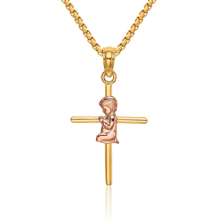 14K Solid Two Tone Gold Boy Holy Cross Necklace Religious Chain Pendant Jesus Christ Charm