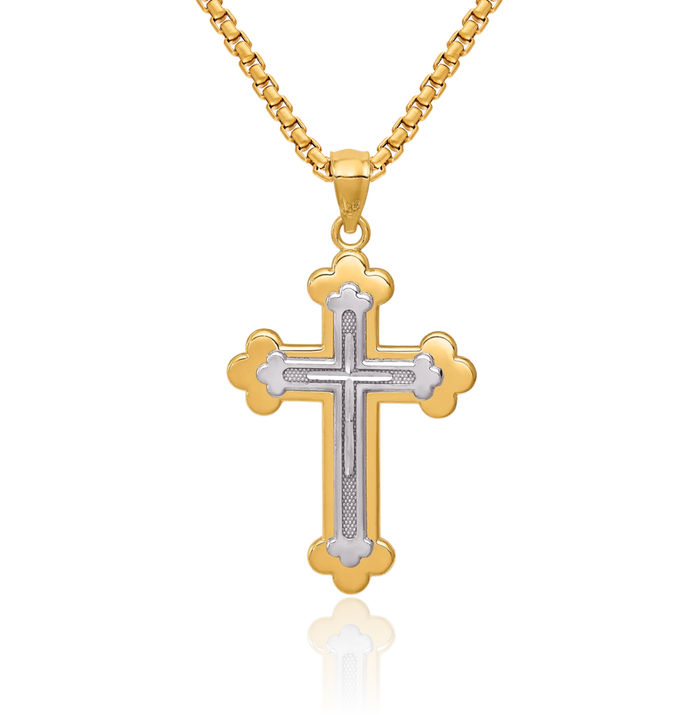 14K Solid Two Tone Gold Budded Holy Cross Necklace Religious Chain Pendant Jesus Christ Christian Charm