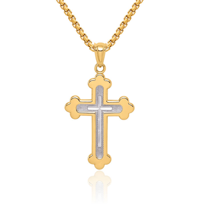 14K Solid Two Tone Gold Budded Holy Cross Necklace Religious Chain Pendant Jesus Christ Christian Charm