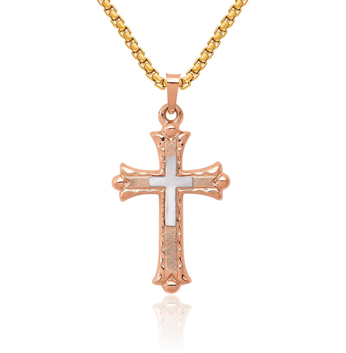 14K Solid Two Tone Gold Budded Holy Cross Necklace Religious Chain Pendant Jesus Christ Christian Charm