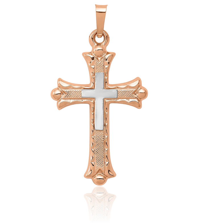 14K Solid Two Tone Gold Budded Holy Cross Necklace Religious Chain Pendant Jesus Christ Christian Charm