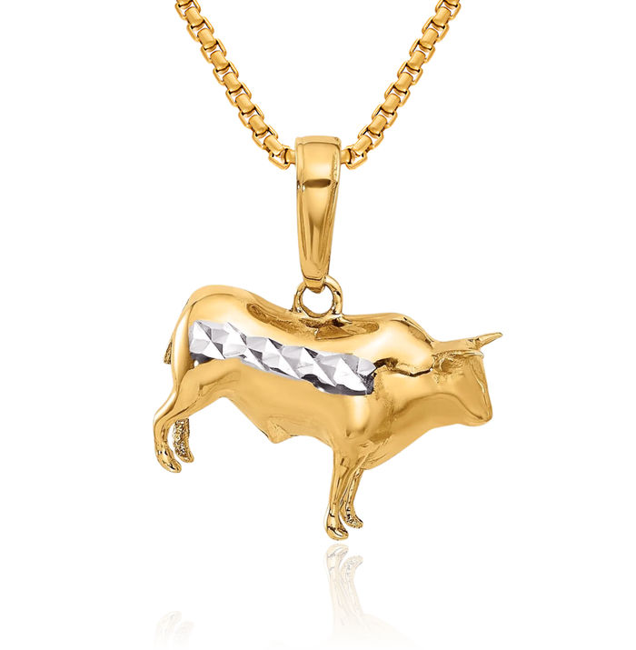 14K Solid Two Tone Yellow White Gold Buffalo Bull Necklace Western Cowboy Pendant Taurus Charm