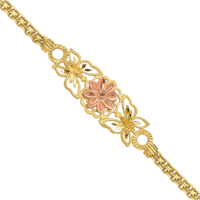 14K Solid Two Tone Gold Butterfly Wings Flowers Chain Charm Bracelet