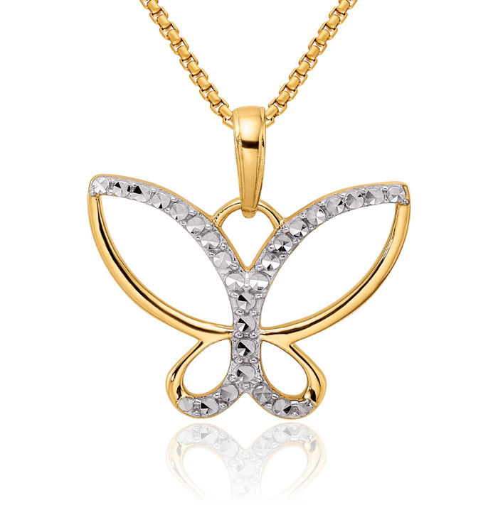 14K Solid Two Tone Yellow White Gold Butterfly Wings Necklace Chain Pendant Charm