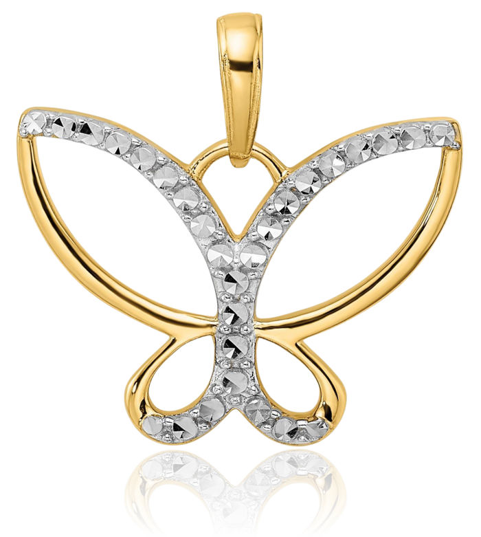 14K Solid Two Tone Yellow White Gold Butterfly Wings Necklace Chain Pendant Charm