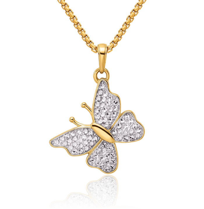 14K Solid Two Tone Yellow White Gold Butterfly Wings Necklace Chain Pendant Charm