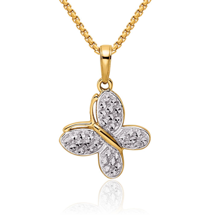 14K Solid Two Tone Yellow White Gold Butterfly Wings Necklace Chain Pendant Charm