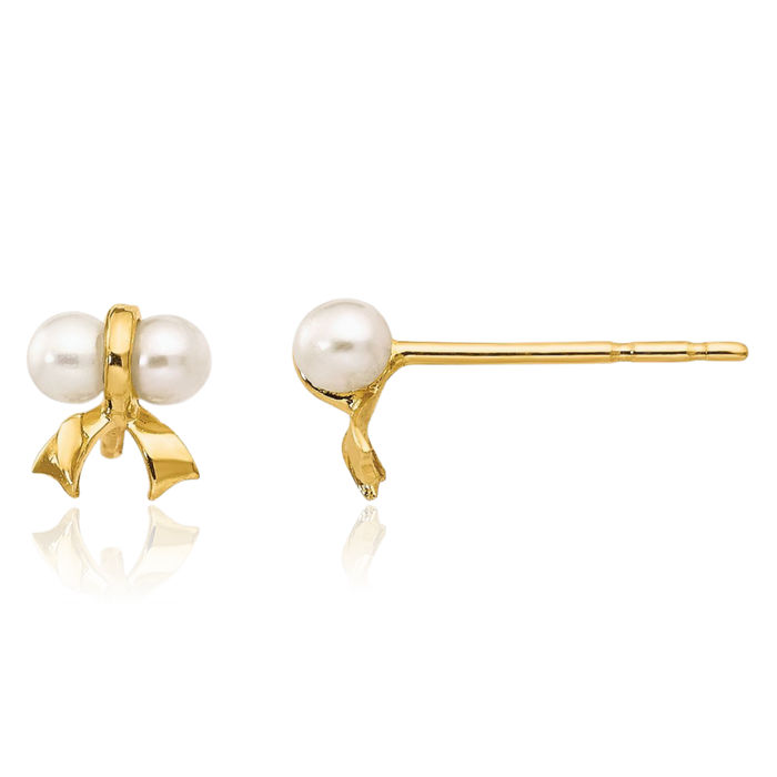 14K Solid Two Tone Yellow White Gold Button Freshwater Cultured Pearl Bow Stud Earrings