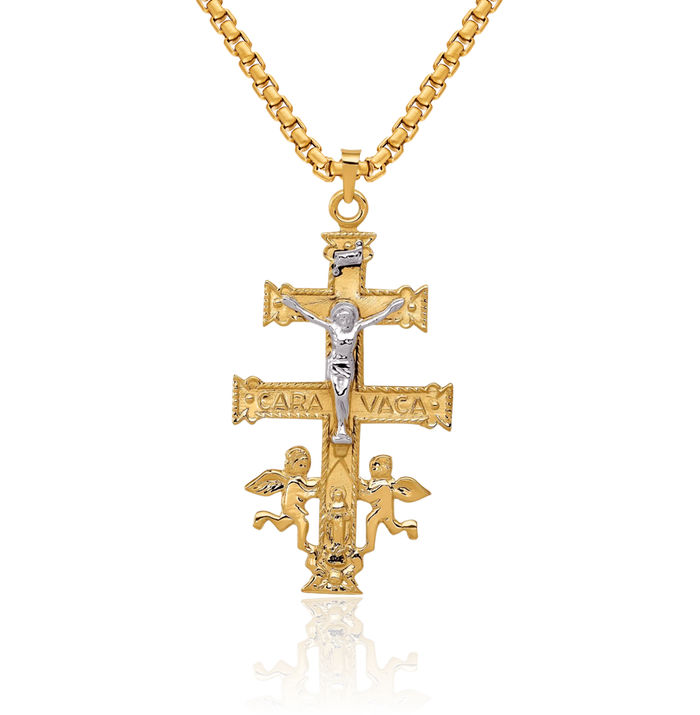 14K Solid Two Tone Gold Cara Vaca Lord Jesus Christ Crucifix Holy Cross Necklace Religious Chain Pendant Charm