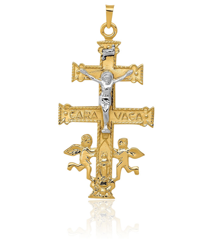 14K Solid Two Tone Gold Cara Vaca Lord Jesus Christ Crucifix Holy Cross Necklace Religious Chain Pendant Charm