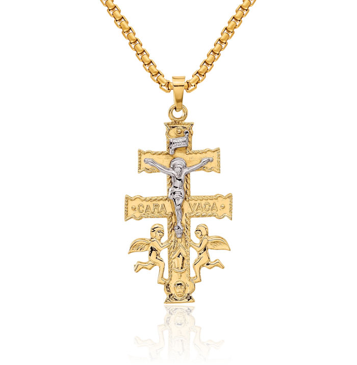 14K Solid Two Tone Gold Cara Vaca Lord Jesus Christ Crucifix Holy Cross Necklace Religious Chain Pendant Charm