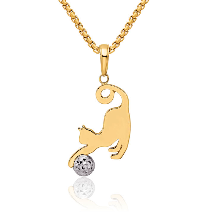 14K Solid Two Tone Yellow White Gold Cat Ball Necklace Chain Pendant Charm