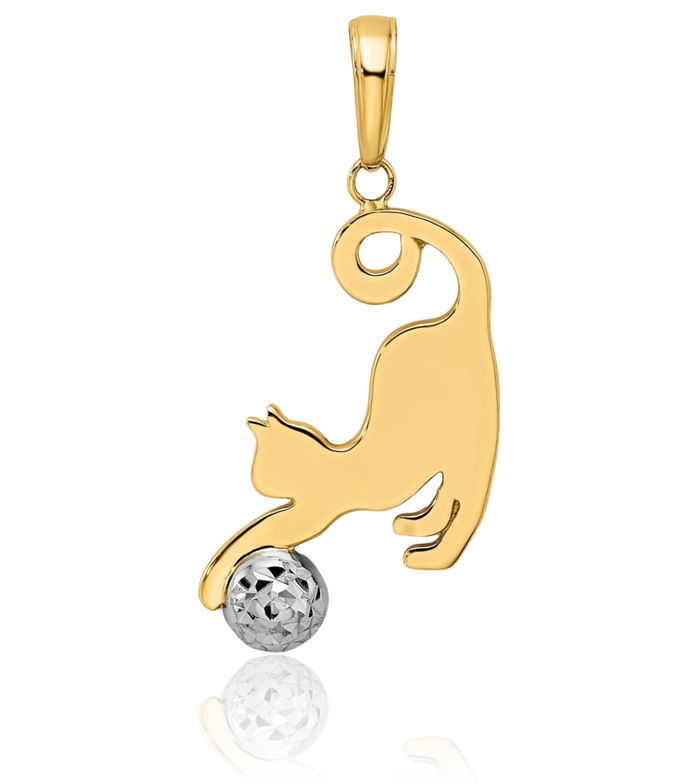 14K Solid Two Tone Yellow White Gold Cat Ball Necklace Chain Pendant Charm