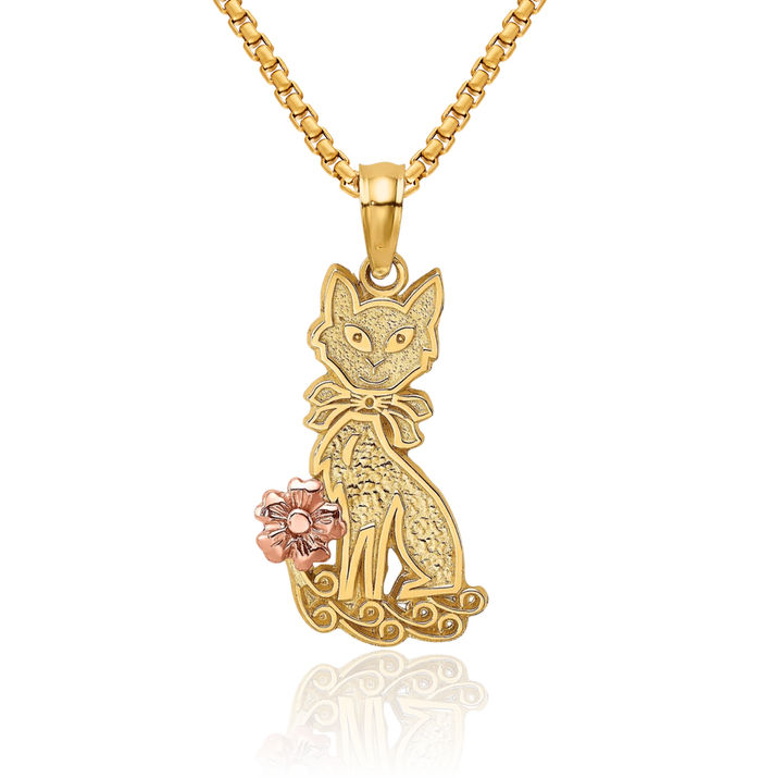 14K Solid Two Tone Gold Cat Bow Flower Necklace Chain Pendant Charm