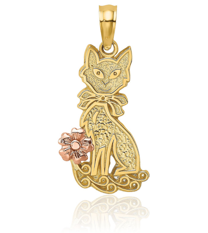 14K Solid Two Tone Gold Cat Bow Flower Necklace Chain Pendant Charm