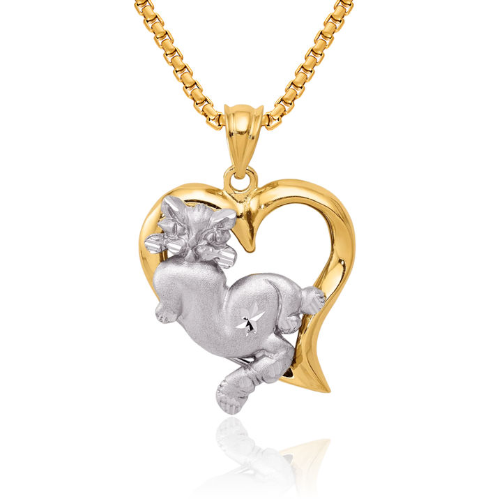 14K Solid Two Tone Gold Cat Heart Necklace Love Pendant Charm