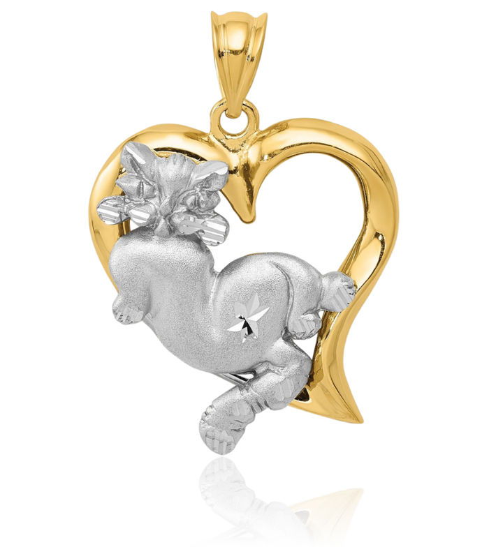 14K Solid Two Tone Gold Cat Heart Necklace Love Pendant Charm