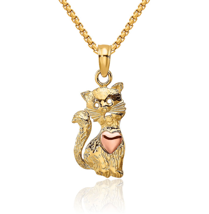 14K Solid Two Tone Gold Cat Heart Necklace Love Pendant Charm