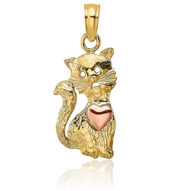 14K Solid Two Tone Gold Cat Heart Necklace Love Pendant Charm