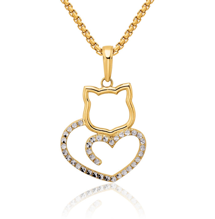14K Solid Two Tone Yellow White Gold Cat Heart Necklace Love Pendant Charm