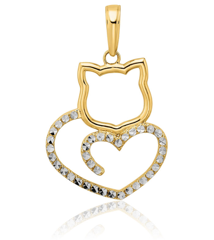 14K Solid Two Tone Yellow White Gold Cat Heart Necklace Love Pendant Charm