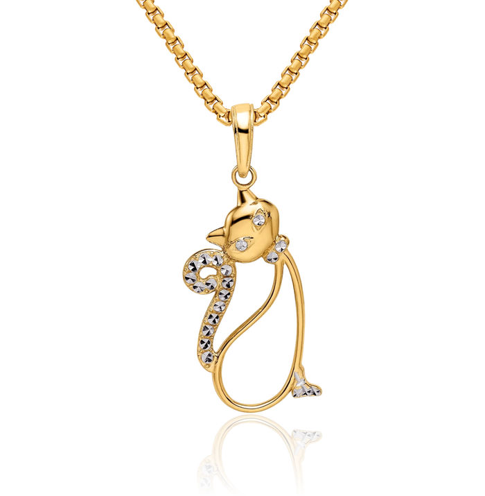 14K Solid Two Tone Yellow White Gold Cat Necklace Chain Pendant Charm