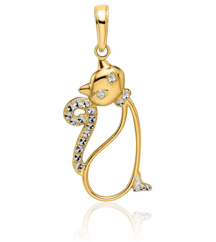 14K Solid Two Tone Yellow White Gold Cat Necklace Chain Pendant Charm