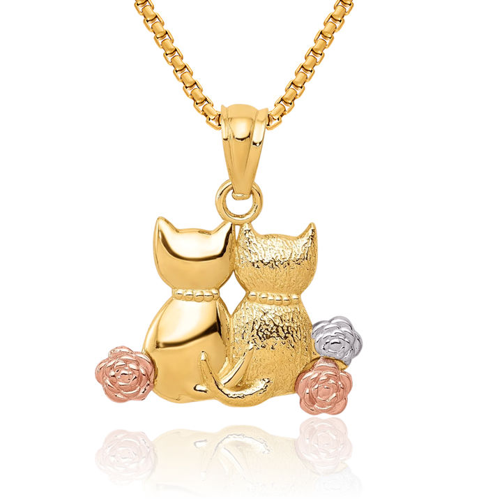 14K Solid Two Tone Gold White Cats Necklace Chain Pendant Charm