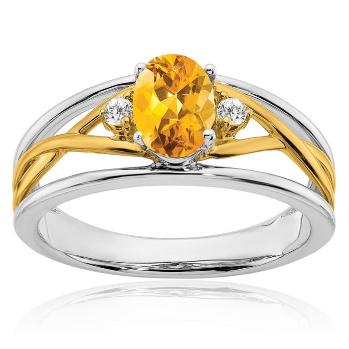 14K Solid Two Tone Gold Yellow Orange Citrine Diamond Ring Gemstone Band November Birthstone Jewelry