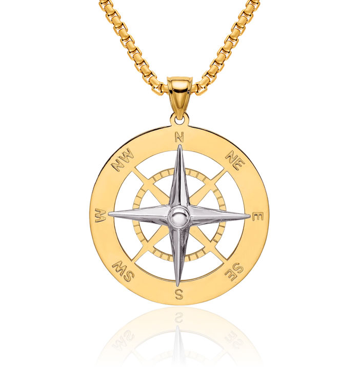 14K Solid Two Tone Gold Nautical North Star Compass White Needle Necklace Chain Pendant Charm